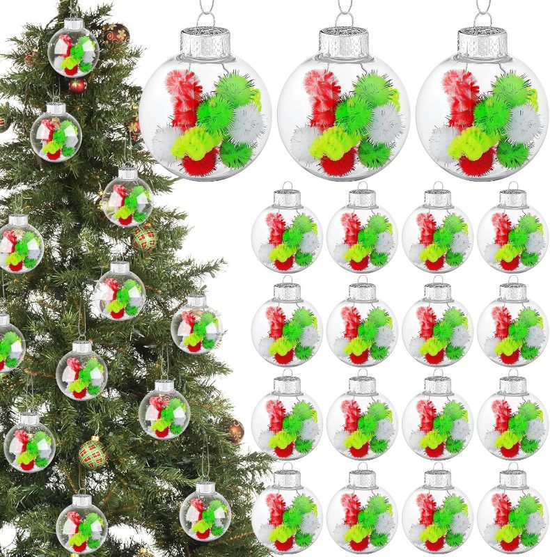 Photo 1 of 24 Sets Christmas Pom Poms Ornaments Lime Green Red White Ball Bulb Tree Decorations Ball Fillable Craft Clear Plastic Ball 2.36" Hanging Ornaments for Xmas Holiday Party Decor