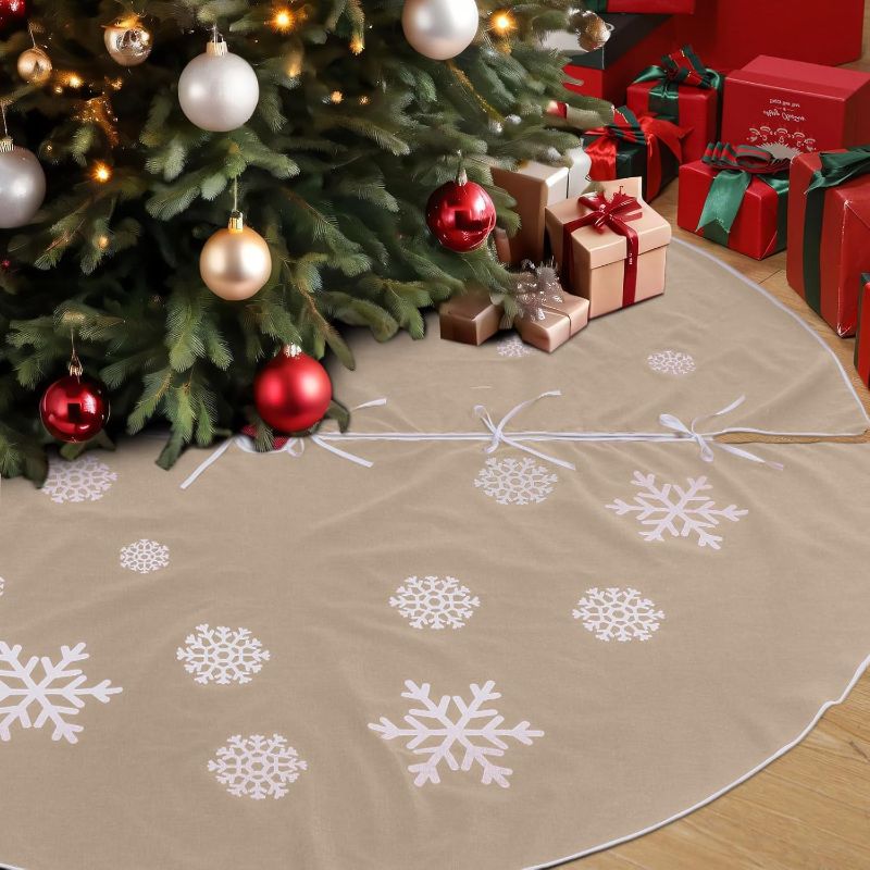 Photo 1 of 100 Inch Large Christmas Tree Skirt, Christmas Burlap Tree Skirt White Snowflake Xmas Tree Mat for Christmas Home Farmhouse Holiday Indoor Outdoor Decoration(Beige)