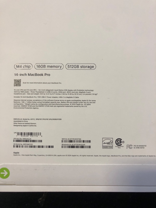 Photo 1 of Apple 2024 MacBook Pro Laptop with M4 chip with 10?core CPU and 10?core GPU: Built for Apple Intelligence, 14.2-inch Liquid Retina XDR Display, 16GB Unified Memory, 512GB SSD Storage; Space Black Factory Sealed 