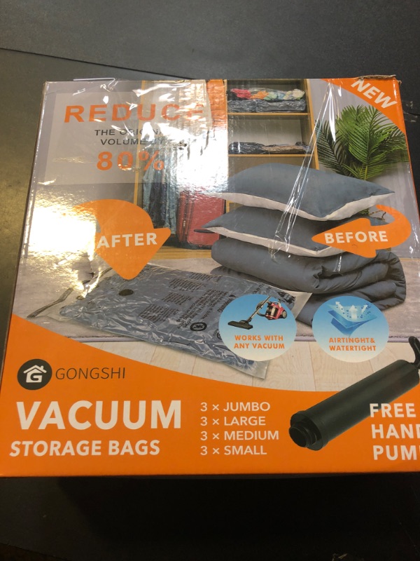 Photo 2 of 12 Pack Vacuum Storage Bags (3 x Jumbo, 3 x Large, 3 x Medium, 3 x Small), Space Saver Sealer Compression Bags with Travel Hand Pump for Blankets, Comforters, Pillows, Clothes Storage