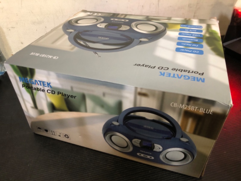 Photo 1 of MEGATEK Portable CD Boombox with FM Stereo Radio, Bluetooth, USB Port, and Backlit LCD Display | CD-R/CD-RW/MP3-CD Compatible | AUX Input | Headphone Jack | Programmable CD Player - Blue Jay