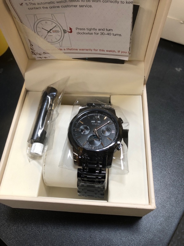 Photo 1 of OLEVS Automatic Men Watch Self Winding Mechanical Luxury Dress Moon Phase Stainless Steel Black Watch Waterproof Luminous Calendar Wrist Watch