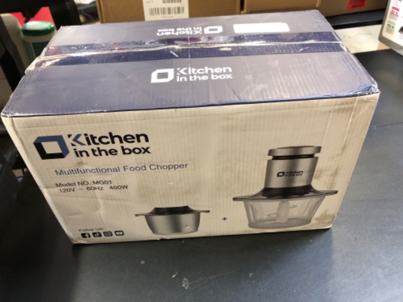 Photo 2 of **SOLD FOR PARTS**
Kitchen in the box Food Processors,400W Powerful Motor Small Meat Grinder & Food Chopper Electric Vegetable Chopper with 2 Bowls & 2 Bi-Level Blades for Meat/fish/Vegetable/Baby Food (Black,8cup+8cup)