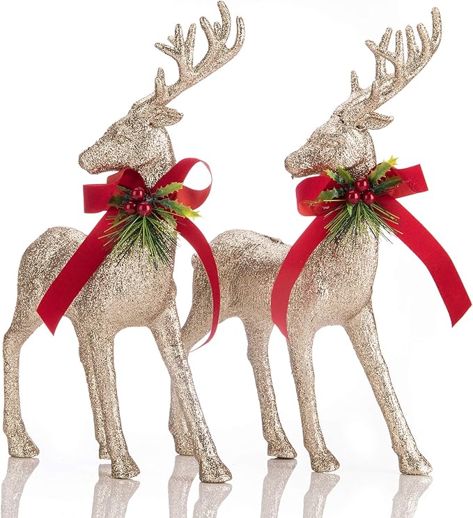 Photo 1 of ARCCI 2 Sets Standing Reindeer Decorations Christmas Deer Figurines, Champagne Gold Reindeer Figure for Table top Shelf Office Desk Winter Decor - Xmas Ornaments