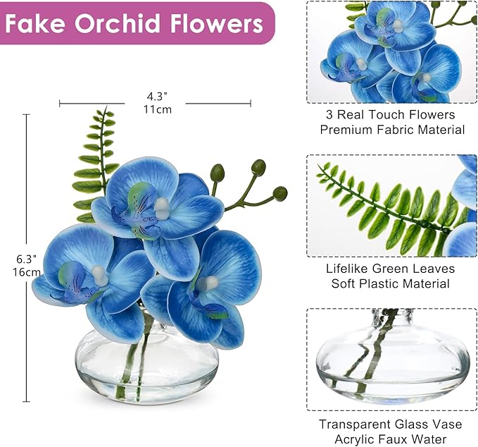 Photo 1 of 1 PC Blue Orchids Artificial Flowers Faux Orchids Arrangement in Clear Glass Vase Real Touch Phalaenopsis Orchid Flowers Small Fake Orchid Centerpiece for Dining Room Table