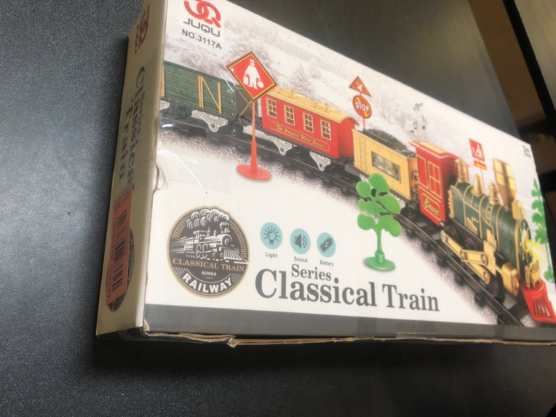 Photo 1 of JUQU Train Set-Electric Train Sets for Boys Toddlers Classical Train Toys,Battery-Powered Locomotive Engine with Sound and Lights, 3 Cars &10 Tracks, Christmas Toy Train for Age 3 4 5 6 Years Old Kids