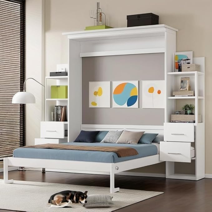 Photo 1 of Queen Size Murphy Bed with 4 Drawers and Foldable & Led & Shelf for Small Space,Foldable PlatformBed Vertical Wall Bedframe for Bedroom,Guest Room,White
