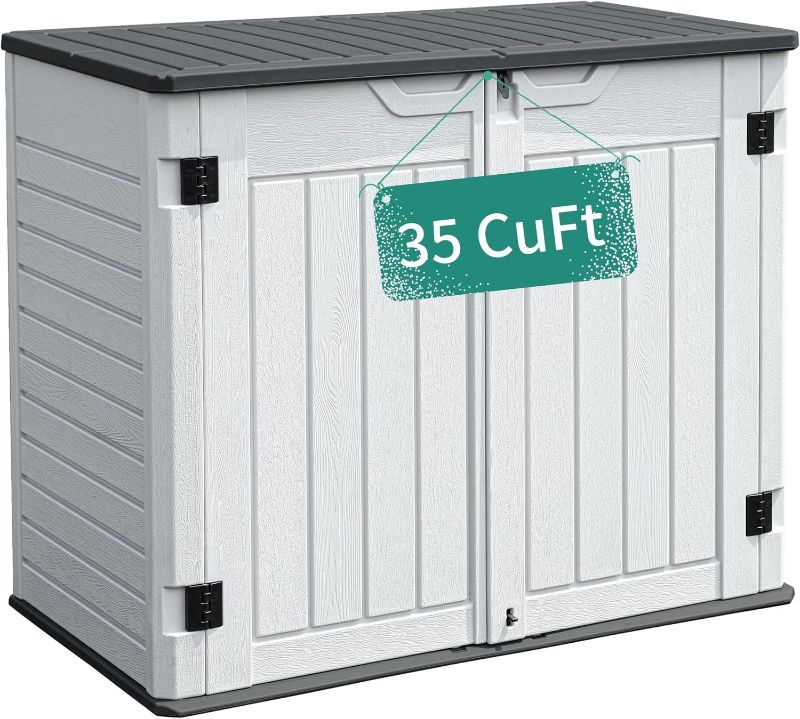 Photo 1 of **MISSING A BOX 1 OF 2 IN SET**YITAHOME Outdoor Horizontal Storage Sheds w/o Shelf, 35 Cu Ft Lockable Resin Waterproof Shed, Ideal for Garden Tools, Easy to Assemble, Light Gray
