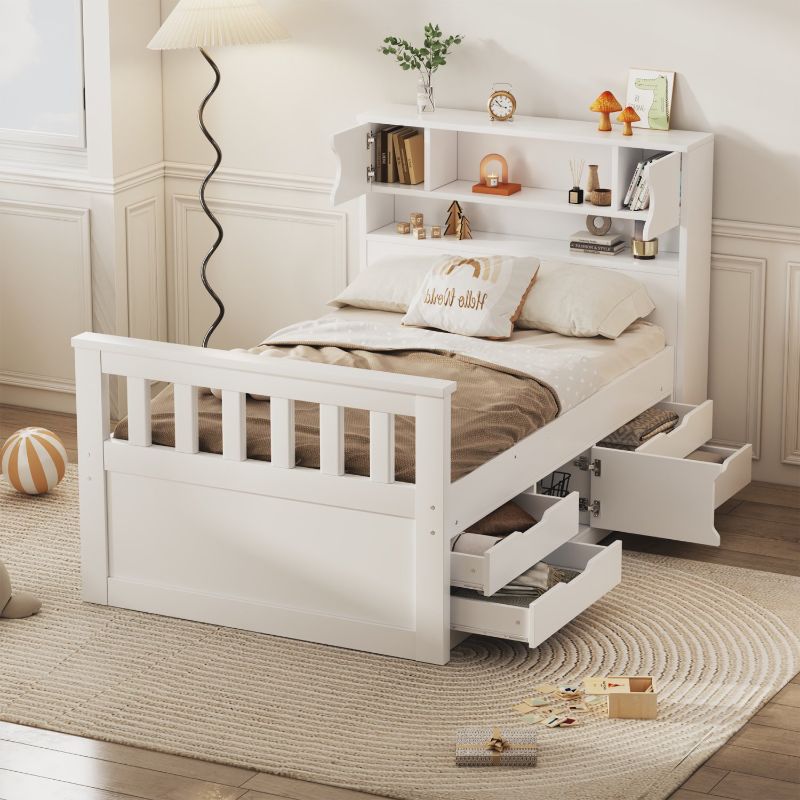 Photo 1 of **PARTIAL SET BOX 1 OF 3* Twin Size Captain Platform Bed Frame with Storage Bookcases and Shelves Four Drawers White
