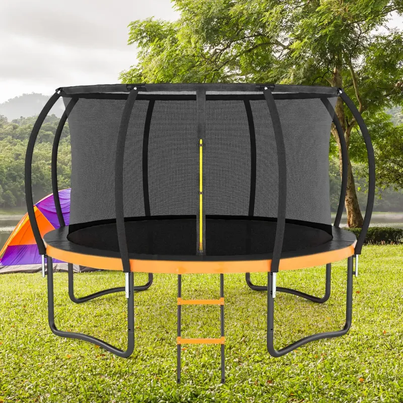 Photo 1 of 12FT Outdoor Big Trampoline with Inner Safety Enclosure Net, Ladder, and PVC Spring Cover Padding for Kids – Black & Orange Color
