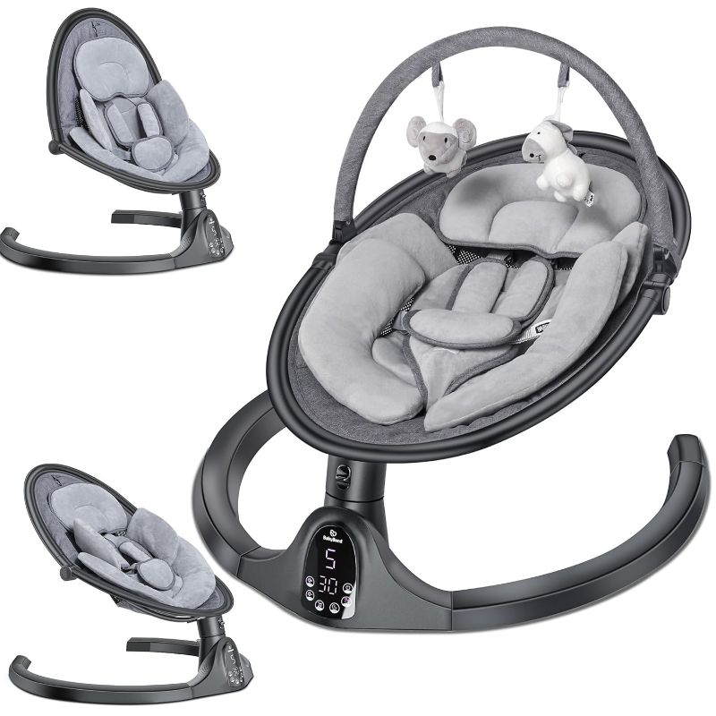 Photo 1 of BabyBond Baby Swings for Infants, Bluetooth Infant Swing with Music Speaker, 3 Seat Positions, 5 Point Harness Belt, 5 Speeds and Remote Control - Portable Baby Swing for Indoor and Outdoor (Black)