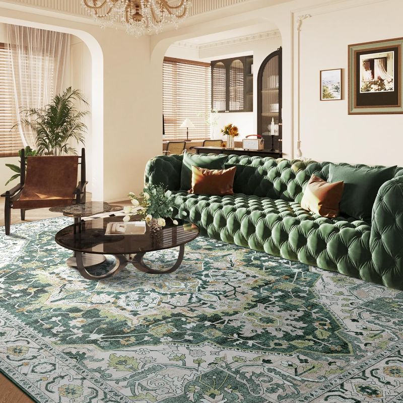Photo 1 of (FAIR) (BOXED) eerly Green Rug 8x10 Area Rug for Living Room Bedroom Washable Rugs Large Boho 8x10 Rug for Dining Room Carpet Non-Slip Distressed Carpet Rugs Print Floor Rug(Border Green)