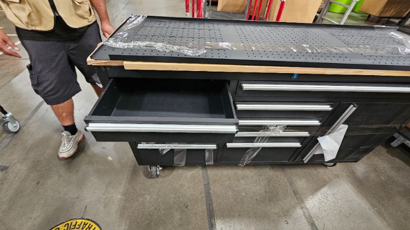 Photo 1 of ***MISSING KEY***61" Workbench, Rolling Tool Chest, Heavy Duty Wood Top Work Table with Drawers and Pegboard, Work Bench Organizers with Power Outlet, Wheels, Mobile Workstation for Garage, Workshop