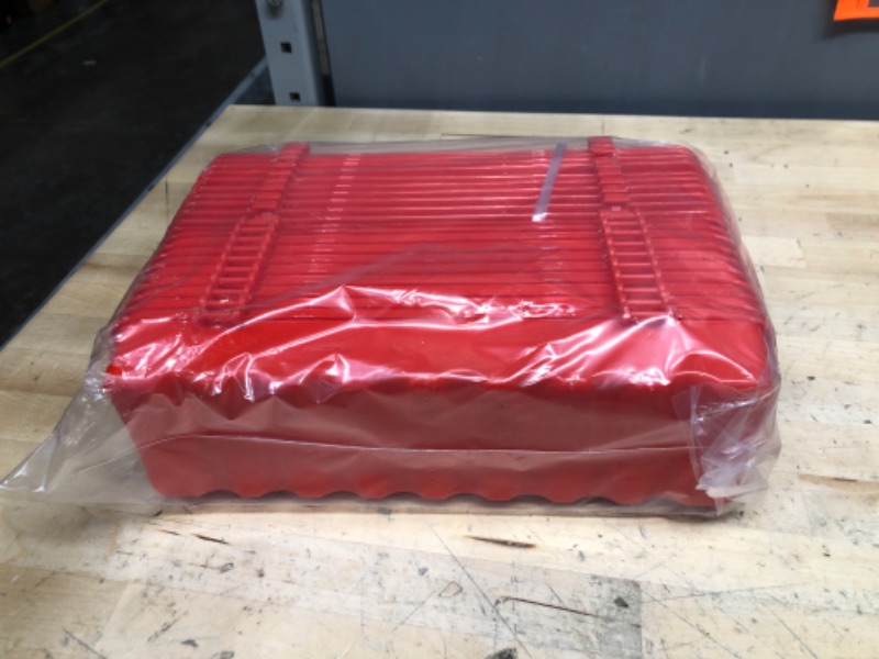 Photo 1 of 10 Pack Plastic Flip Top Bird Small Poultry Feeder 18 Hole Pigeon Chicken Feeder Duckling Quail Feeder No Waste No Mess Birds Feeding Dish Dispenser (Red)