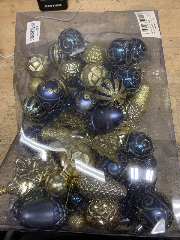 Photo 1 of 110Pcs Christmas Ball Ornaments Set, Assorted Blue and Gold Christmas Ornaments for Xmas Tree, Shatterproof Plastic Baubles Hanging Decorations for Holiday/Party/Wedding