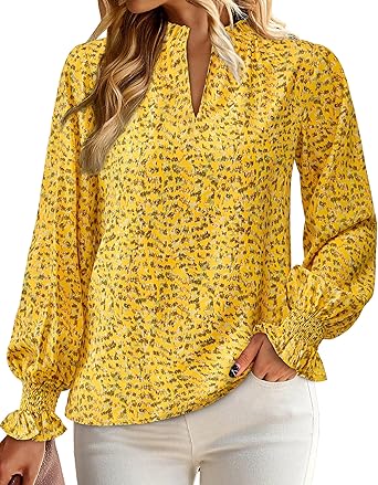 Photo 1 of  **STOCK HPOTO FOR REFERENCE**Womens V Neck Floral Long Sleeve Tops 2025 Summer Casual Loose Puff Sleeve Chiffon Boho Work Blouse Dressy small