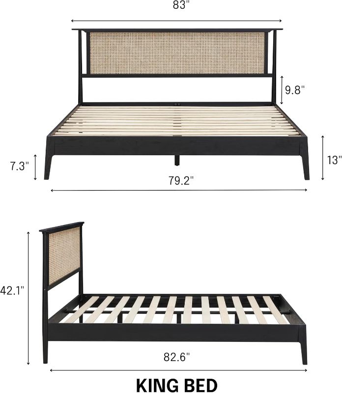 Photo 1 of ***STOCK PHOTO REFERENCE ONLY***NTC Ruby Wooden Bed Frame with Headboard and Natural Rattan, Solid Oak Foundation with Silent Slats, 1000 Lb Capacity, Effortless Assembly, King - Burnt Black