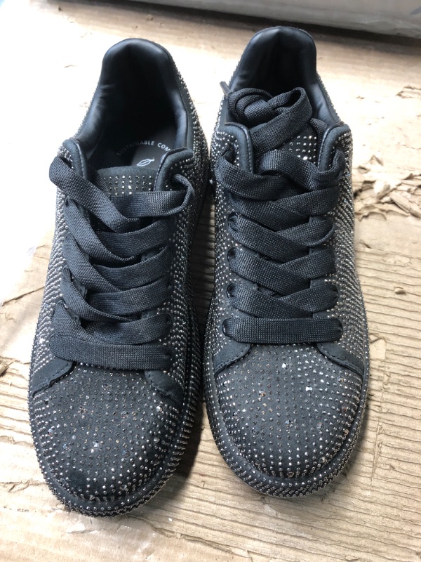 Photo 2 of (BAGGED) LUCKY STEP Rhinestone Sneakers for Women Platform Sparkly Glitter Bling Tennis Shoes Fashion Bedazzled Wedding Bridal Party Walking Sneakers(Black Rhinestone,8)