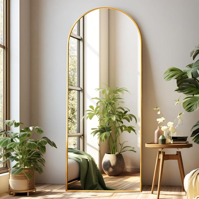 Photo 1 of  Arched Full Length Mirror, 64"*21", Large Floor Mirror with Stand, Full Body Mirror Standing Mirror for Leaning or Hanging Bedroom, Living Room,Dressing Room, Aluminum Alloy Frame, Gold
