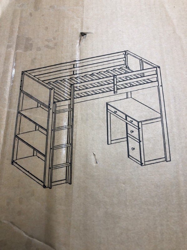 Photo 3 of ***NONREFUNDABLE - INCOMPLETE - SEE COMMENTS***
Linique Twin Size Loft Bed with Ladder, Shelves, Solid Wood Loft Bed Frame with 4-Drawers Desk, Box Spring No Required, White