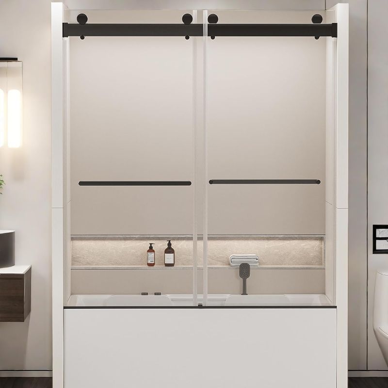 Photo 1 of ***TRUCK/TRAILER PICKUP ONLY***
Shower Door, 56-60 in. W x 62 in. H Frameless Double Sliding Shower Door, Bypass Tub Shower Door with 8 MM Tempered Glass, Soft Closing Bathtub Door with Anti-Water Seal Strip, Matte Black