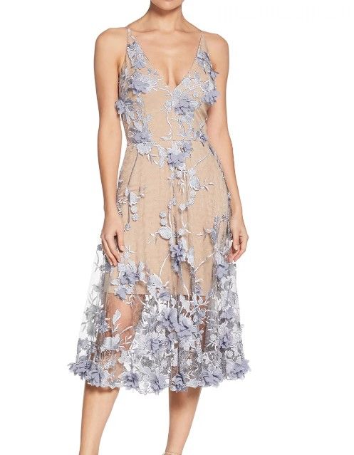 Photo 1 of (BAGGED) (XS) Dress the Population Women's Sidney 3D Floral PLUNGIN Long Illusion Gown Dress, Mineral Blue Floral, XS