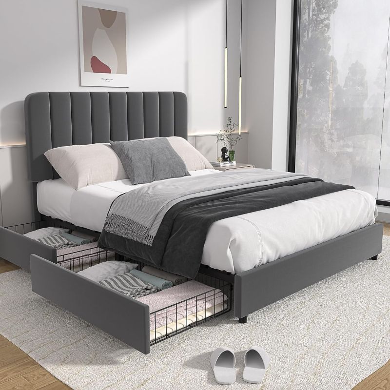 Photo 1 of ** TRUCK/TRAILER PICK UP** VECELO Full Size Upholstered Bed Frame with 4 Drawers and Headboard, Velvet Platform Storage Bedframe, Wooden Slats Support, No Box Spring Needed,Dark Grey
