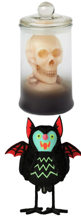 Photo 1 of Lidded Glass Smokey Ombre Skull Jar Candle + Featherly Friends 'Batrick' Felt Bird Halloween Decorative Figurine