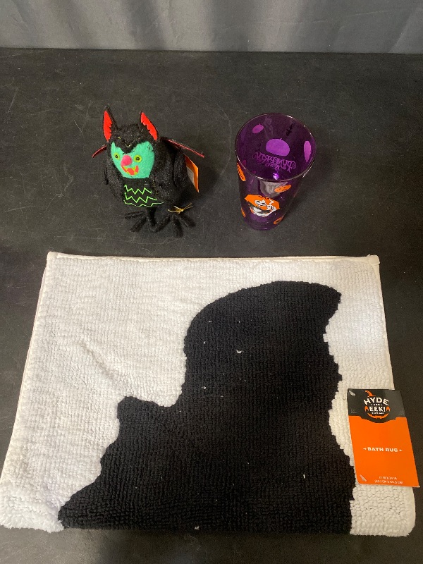 Photo 1 of 3 Item Seasonal & Party Supplies Bundle | 'Batrick' Halloween Decorative Figurine + Halloween Bat Bath Rug Cream + Jack Skellington Glass 16 oz.