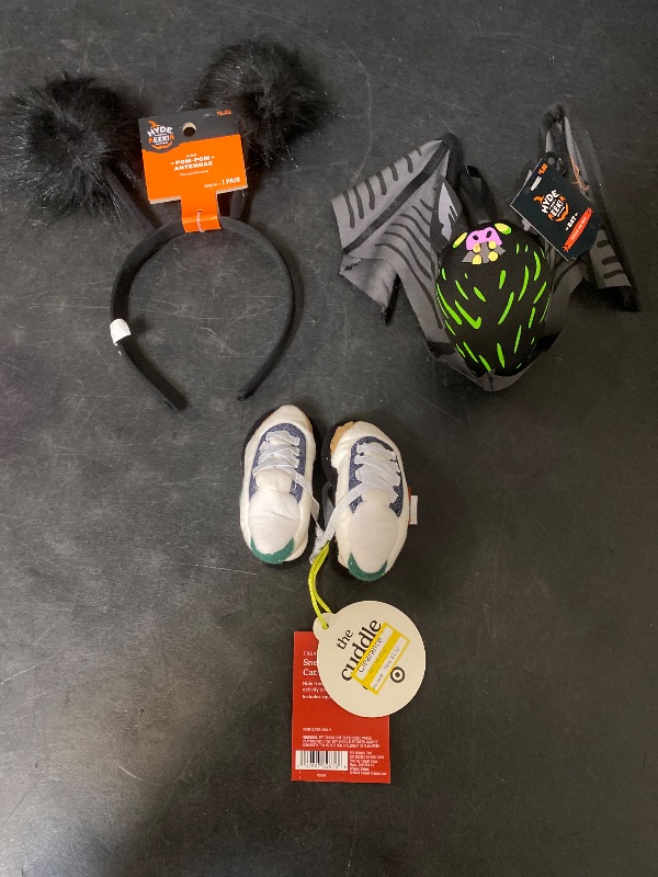 Photo 1 of 3 Item Seasonal & Party Supplies Bundle | Tennis Shoes Plush Cat Toy + Pom Pom Antennae Costume Headwear + Hanging Bat Halloween Decorative Prop