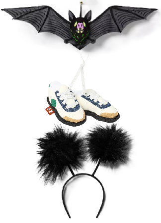 Photo 1 of 3 Item Seasonal & Party Supplies Bundle | Tennis Shoes Plush Cat Toy + Pom Pom Antennae Costume Headwear + Hanging Bat Halloween Decorative Prop