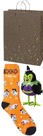 Photo 1 of 3 Item Seasonal & Party Supplies Bundle | Dots and Stars Black Jumbo Gift Bag + Decorative Fabric Bird WITCH + 4-10  Ghosts Halloween Cozy Crew Socks