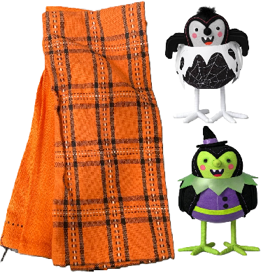 Photo 1 of 3 Item Seasonal & Party Supplies Bundle | 2 Pack dish Towels Orange, 'Skitter' Felt Bird Halloween Decorative Figurine + Featherly Friends Fabric Bird Witch Spellma
