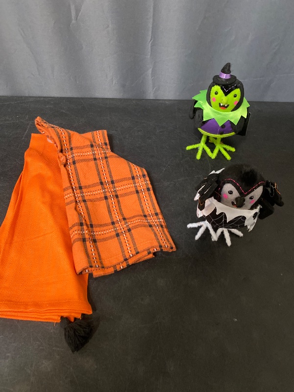 Photo 1 of 3 Item Seasonal & Party Supplies Bundle | 2 Pack dish Towels Orange, 'Skitter' Felt Bird Halloween Decorative Figurine + Featherly Friends Fabric Bird Witch Spellma