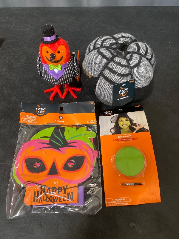 Photo 1 of 4 Item Seasonal & Party Supplies Bundle | Costume Face Painting Paint Water Activated Green, 'Gourdon' Halloween Decorative Figurine, 24ct Halloween Party Favors Masks , 5.75" Brushed Plaid Knit Pumpkin