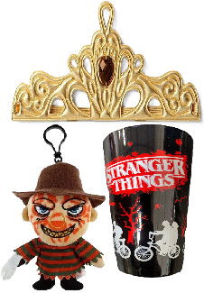 Photo 1 of 3 Item Seasonal & Party Supplies Bundle | Gold Princess Crown Halloween Accessory + A Nightmare Before Elm Street Freddy Krueger Plush + 16 Oz. Stranger Things Cup