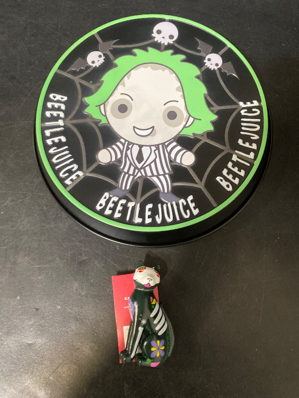 Photo 1 of 2 Item Seasonal & Party Supplies | 12 Beetlejuice Metal Halloween Wall Decor + Día de Muertos Resin Cat Animal Figurine