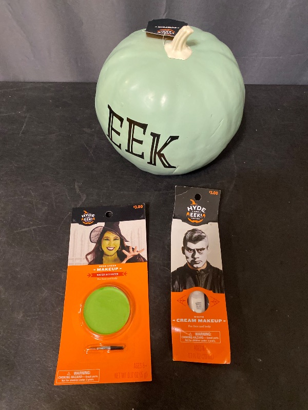 Photo 1 of 3 Item Seasonal & Party Supplies Bundle | Solid Pot Makeup Neon Green + White Cream Halloween Costume Makeup + Green Pumpkin EEK Home Decor