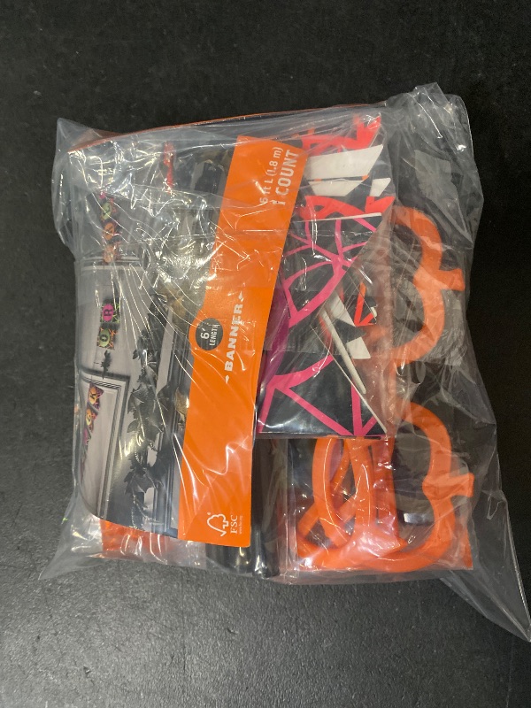 Photo 1 of 5 Item Seasonal & Party Supplies Bundle | 12ct Halloween Treat Bags Pink Web + 6 Felt Trick or Treat Halloween Word Garland + 6ct Novelty Glasses Party Favors + 8ct Cat Skull Pumpkin Bubble Sticks + 30ct Halloween Disposable Lunch Napkins