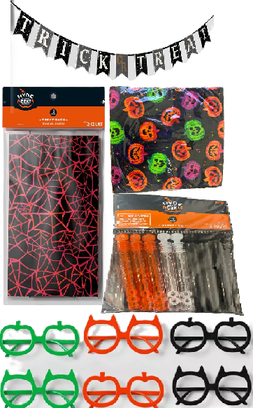 Photo 1 of 5 Item Seasonal & Party Supplies Bundle | 12ct Halloween Treat Bags Pink Web + 6 Felt Trick or Treat Halloween Word Garland + 6ct Novelty Glasses Party Favors + 8ct Cat Skull Pumpkin Bubble Sticks + 30ct Halloween Disposable Lunch Napkins