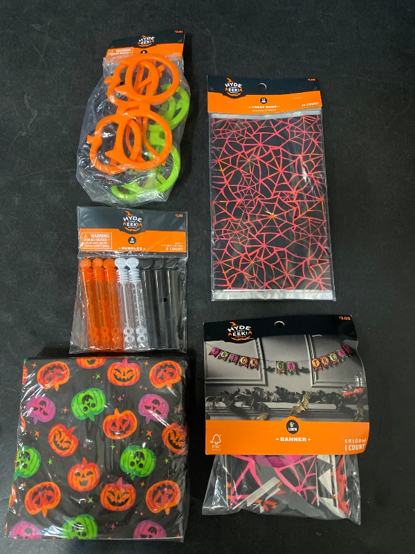 Photo 1 of 5 Item Seasonal & Party Supplies Bundle | 12ct Halloween Treat Bags Pink Web + 6 Felt Trick or Treat Halloween Word Garland + 6ct Novelty Glasses Party Favors + 8ct Cat Skull Pumpkin Bubble Sticks + 30ct Halloween Disposable Lunch Napkins