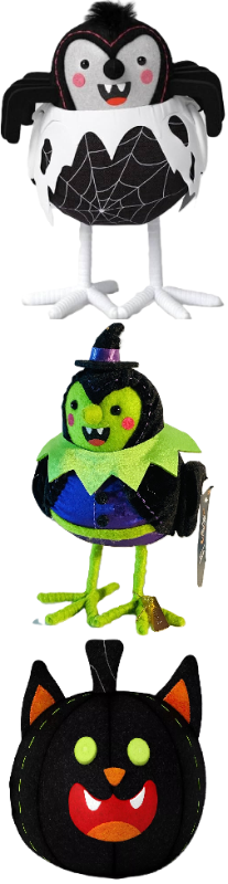 Photo 1 of 3 Item Seasonal & Party Supplies Bundle | 5.5" Felt Black Cat Pumpkin + 'Skitter' Felt Bird Halloween Decorative Figurine + Spellma Halloween Bird Witch