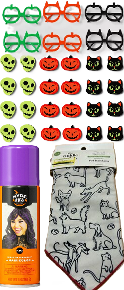 Photo 1 of 4 Item Seasonal & Party Supplies Bundle | 3 OZ Purple Hair Color, 6 Count Novelty Glasses, 24 Halloween Erasers, Pet Bandana
