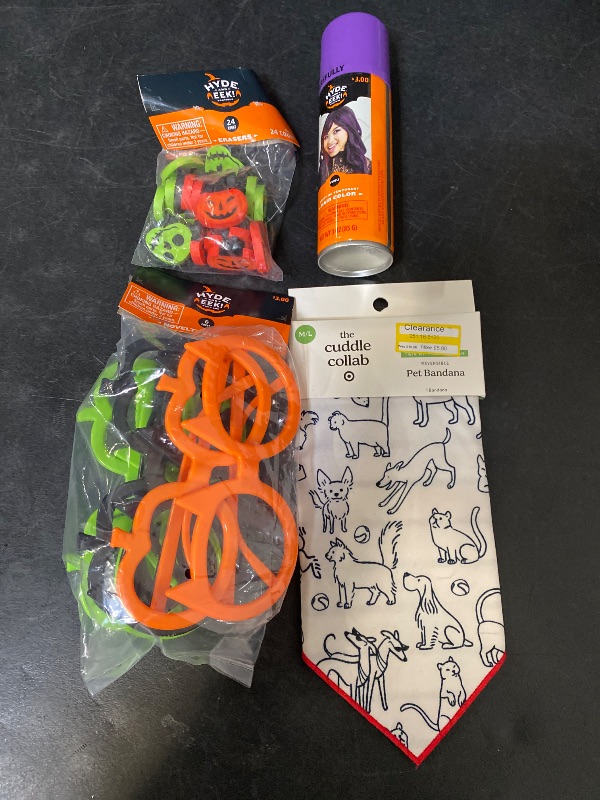 Photo 1 of 4 Item Seasonal & Party Supplies Bundle | 3 OZ Purple Hair Color, 6 Count Novelty Glasses, 24 Halloween Erasers, Pet Bandana