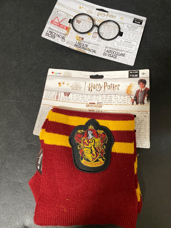 Photo 1 of 2 Item Seasonal & Party Supplies Bundle | Adult Harry Potter Gryffindor Scarf + Harry Potter 2pc Scar Tattoo and Glasses Halloween Costume