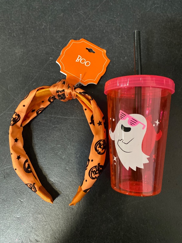 Photo 1 of 2 Item Seasonal & Party Supplies Bundle | 12 fl. oz Halloween Ghost Tumbler Pink , Pumpkin Star Top Knot Headband