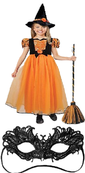 Photo 1 of 2 Item Seasonal & Party Bundle| Adult Black Lace Masquerade Halloween Costume Mask +  Orange Witch Broom Halloween Costume