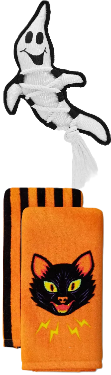 Photo 1 of 2 Item Seasonal & Party Supplies Bundle| 2pk Halloween Kitchen Terry Towels Retro Cat & Stripe , Halloween Ghost Cross Dog Interactive Plush Toy