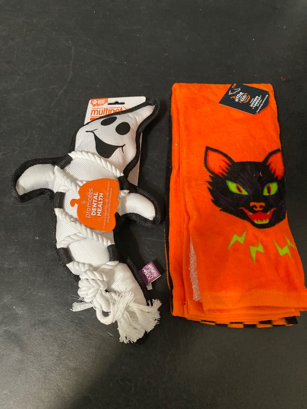 Photo 1 of 2 Item Seasonal & Party Supplies Bundle| 2pk Halloween Kitchen Terry Towels Retro Cat & Stripe , Halloween Ghost Cross Dog Interactive Plush Toy