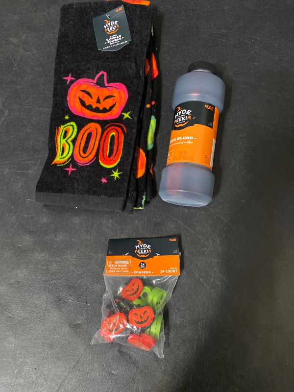 Photo 1 of 3 Item Seasonal & Party Supplies Bundle | 16 OZ Fake Blood, 2 Pack Kitchen Towels, 24 CT. Erasers